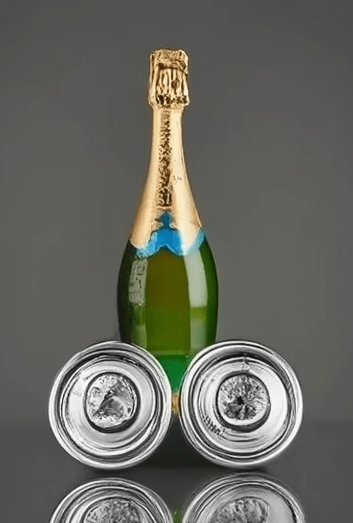 A picture of a champagne bottle and beer cans.