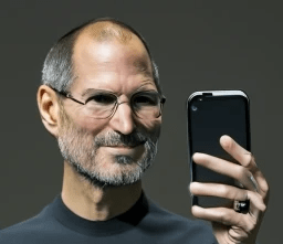 A picture of Steve Jobs holding a first generation iphone.