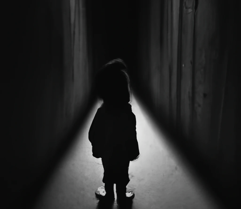 A dark picture of a child in a hallway looking away from the camera.
