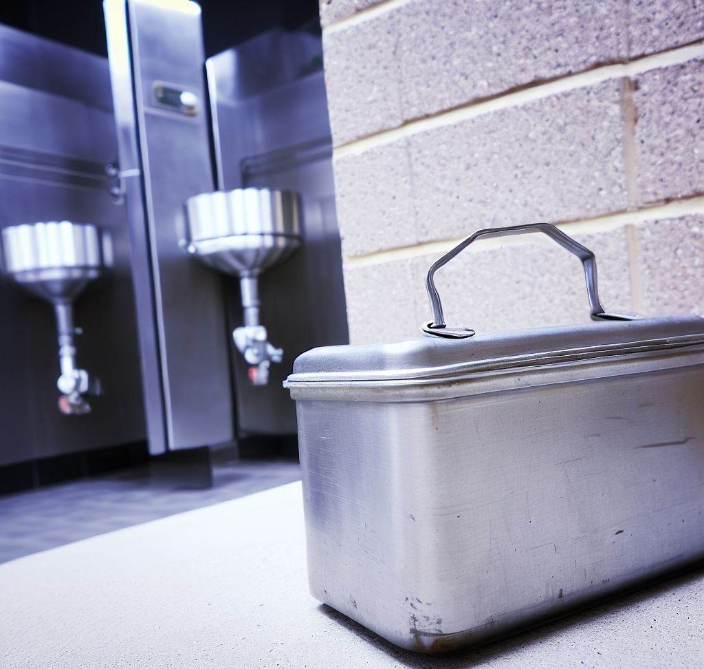 A lunch box sitting on the floor at the entrance of a bathroom