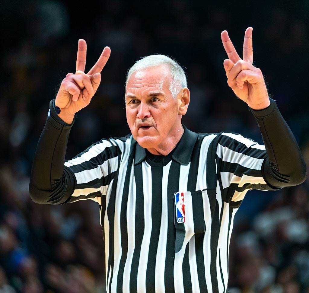 A picture of an NBA referee calling a 2 shot foul