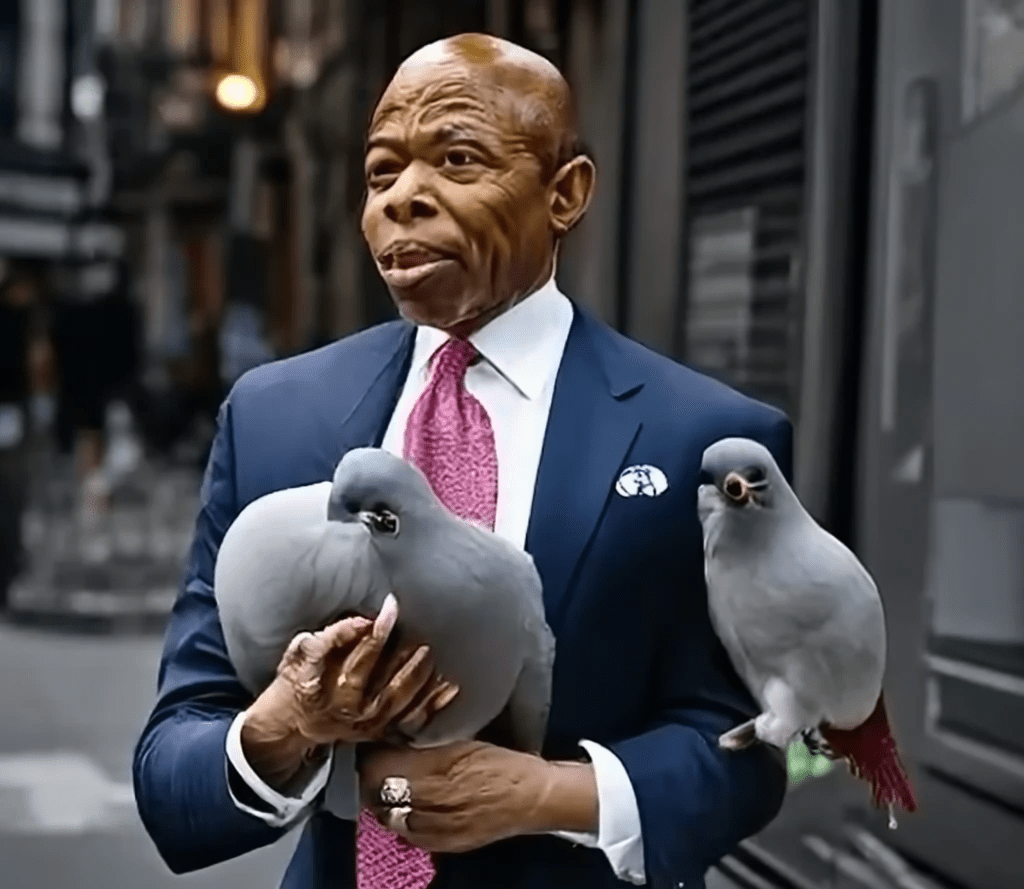 NYC Mayor Eric Adams with pigeons