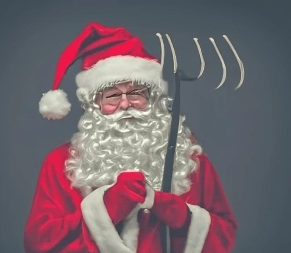 A picture of Santa Claus with a satan pitchfork