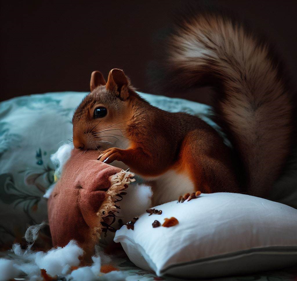 A picture of a squirrel chewing on pillows to get the pillow stuffing