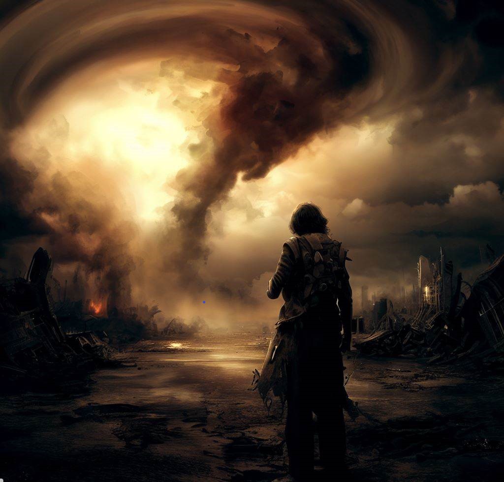 A dark picture of an apocalyptic scene with dark clouds, destroyed city and a man walking away from the camera