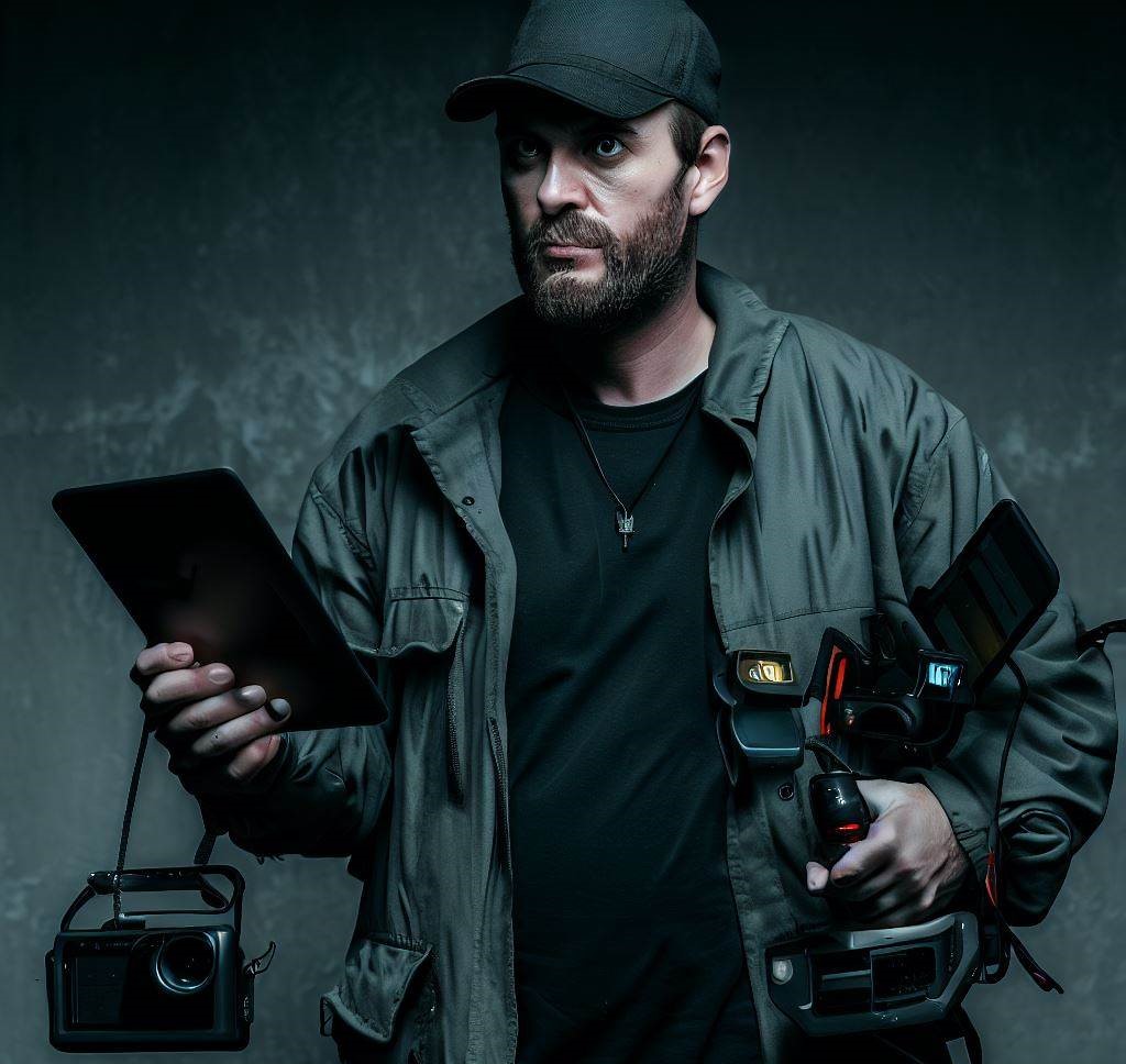 A picture of a ghost hunter with all his equipment