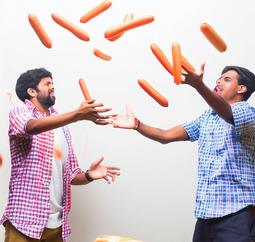 Hot dogs being tossed to one another as the fight between Oscar Mayer and Johnsonville heats up.