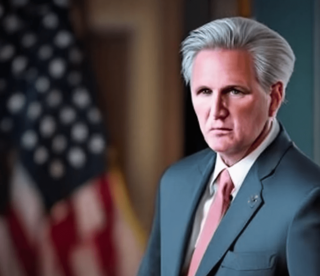 A photo of Kevin McCarthy with the American flag in the background