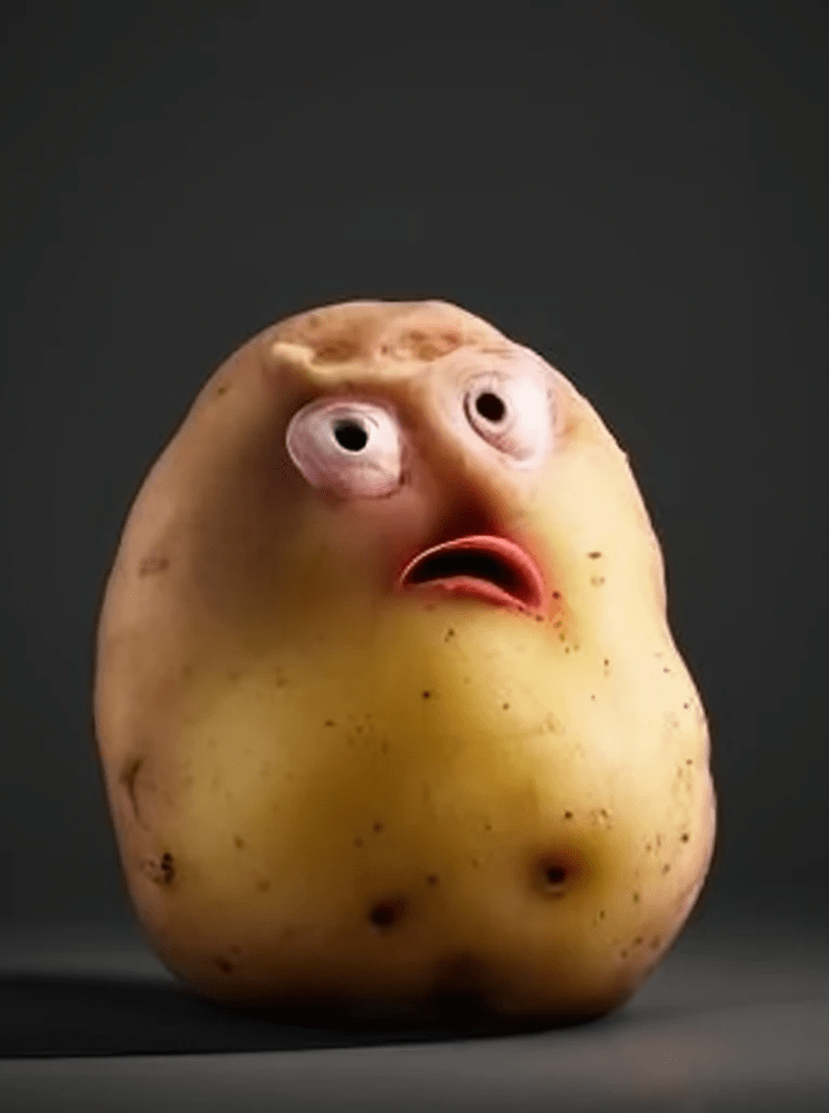 A bad picture of a potato with real eyes and mouth