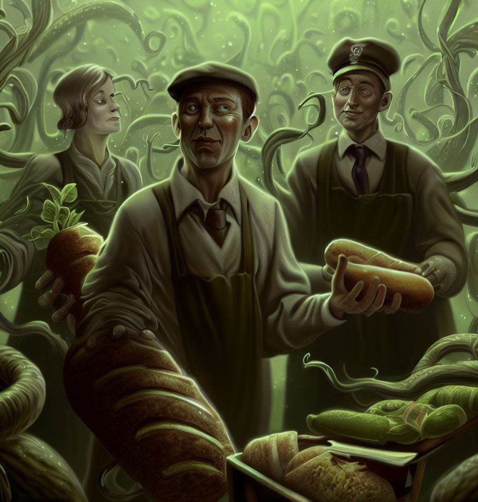 An artistic photo of people with bread in the shade of green to represent the Green Bread Coalition