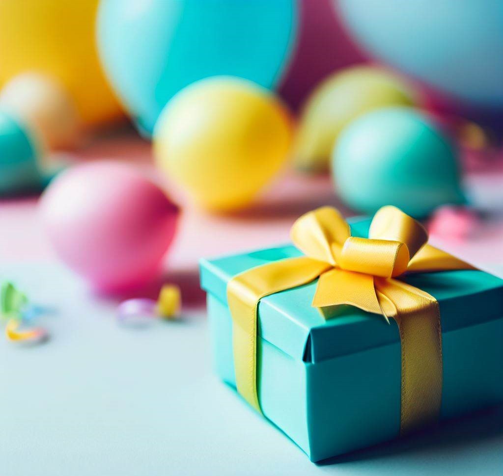 A picture of a birthday gift box and balloons