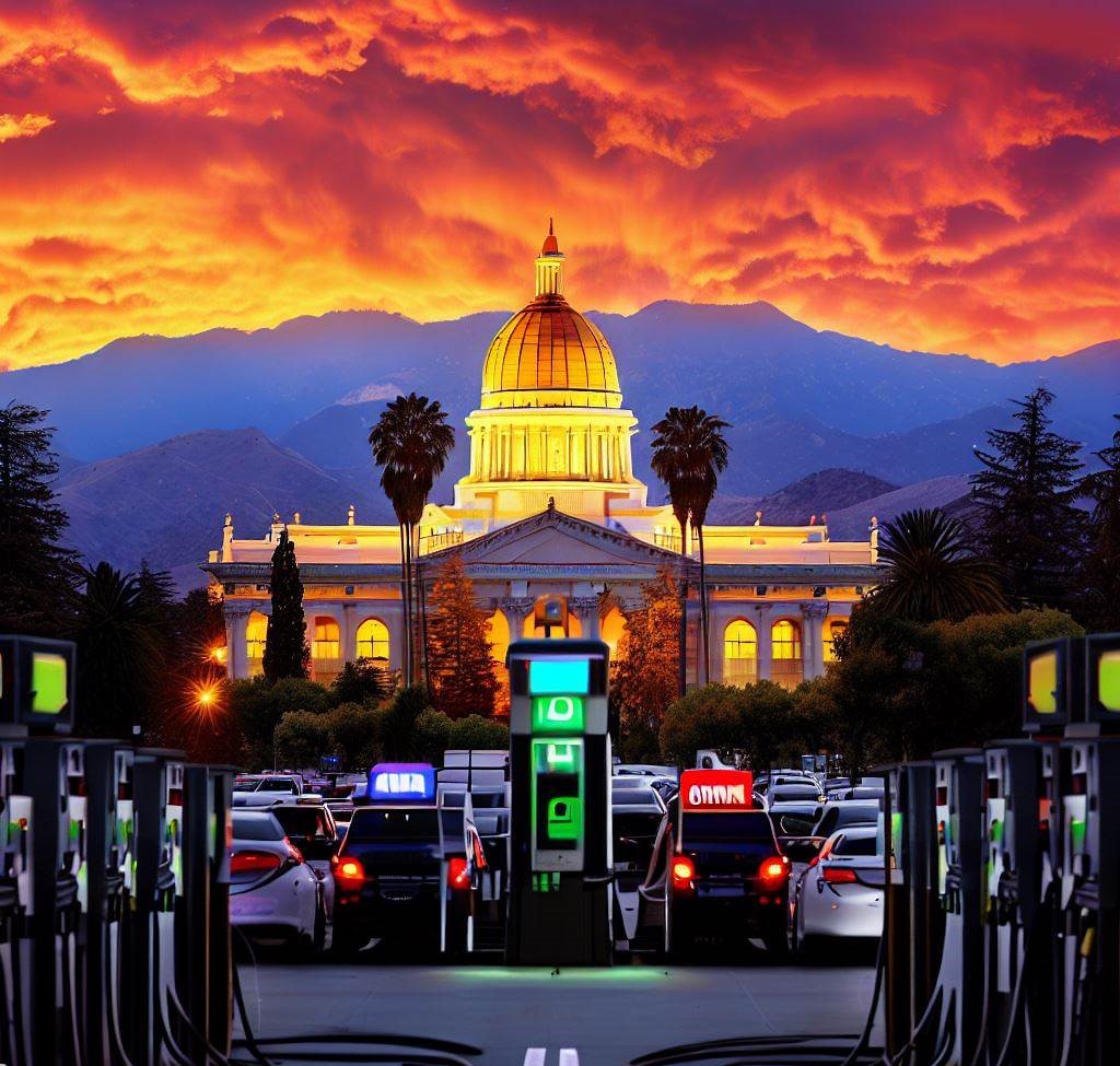 A picture of California capital building with gas pumps