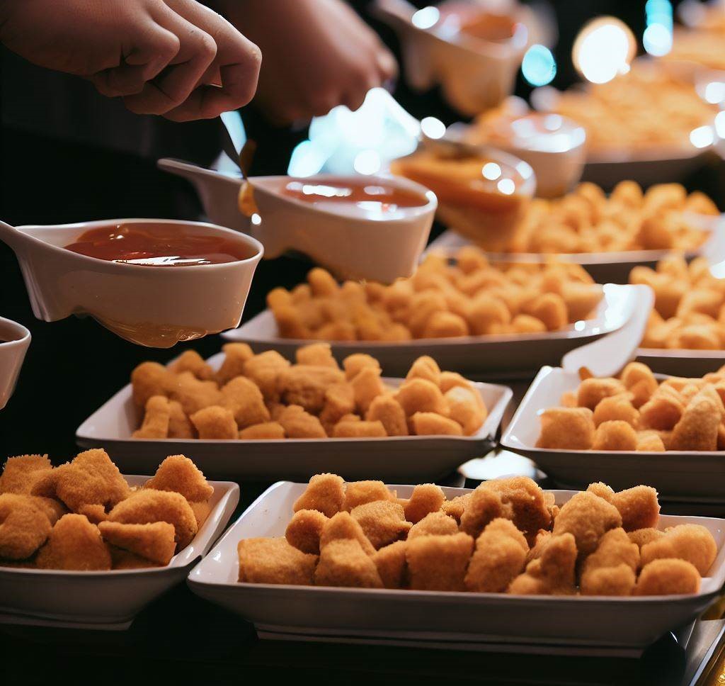 A picture of tofu nuggets on trays with dipping sauce