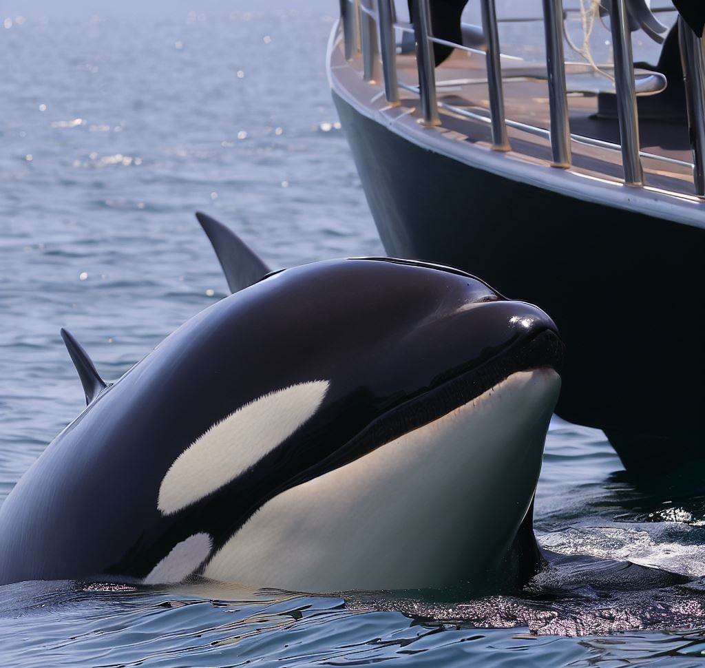 A picture of an Orca whale next to a boat