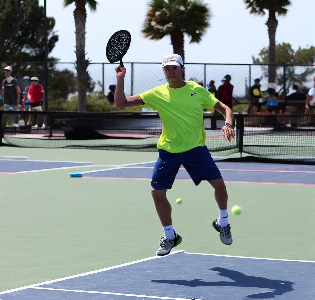 A picture of a pickleball player and court