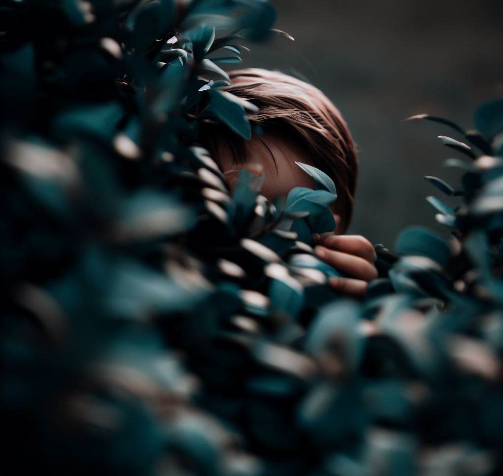 A picture of a person hiding behind a bush