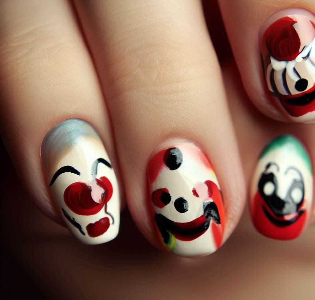 A picture of clown faces painted on fingernails