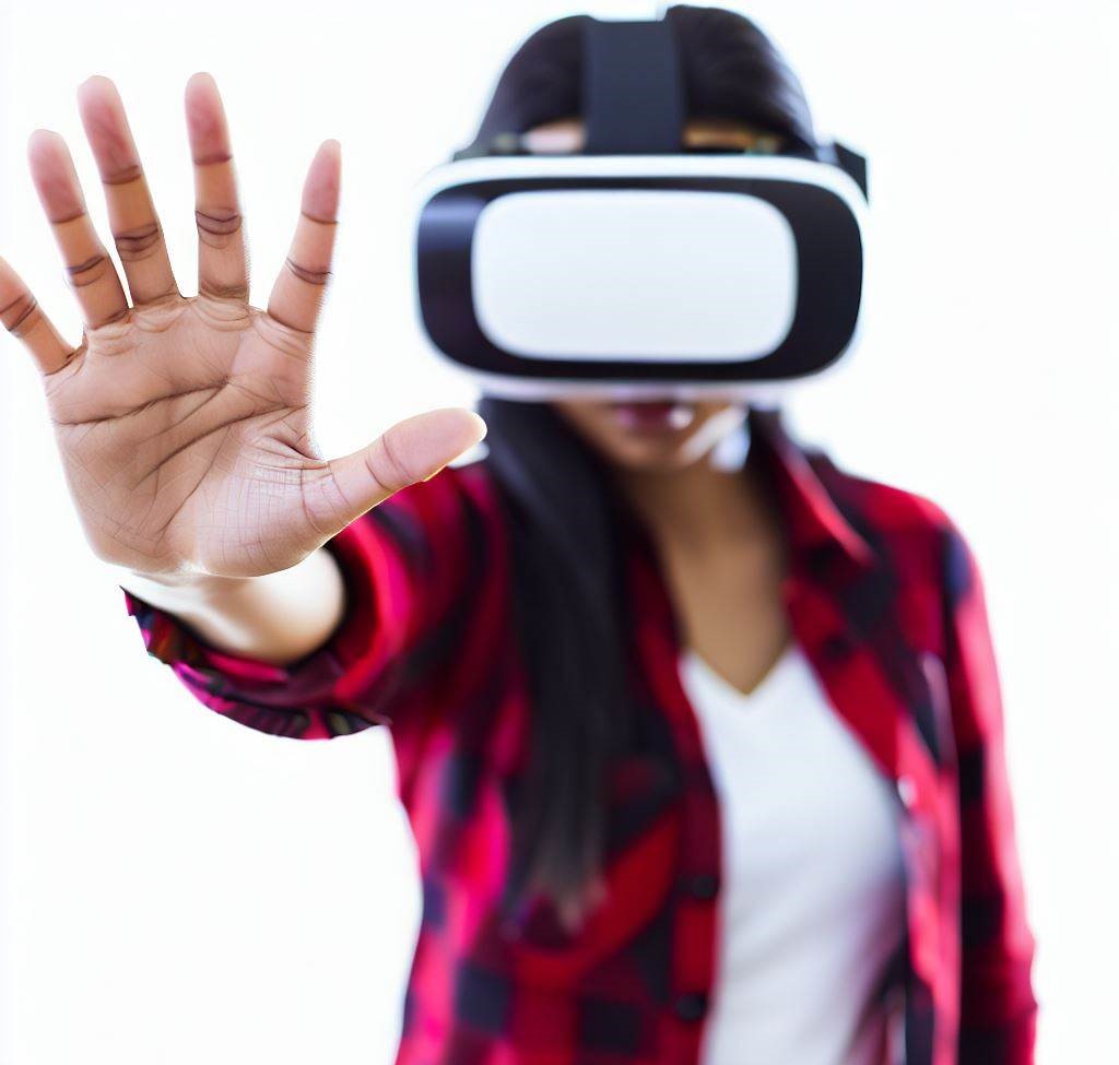 A parent wearing VR goggles