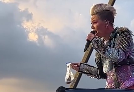 Pink holding a fan's mother's ashes at a concert in Hyde Park