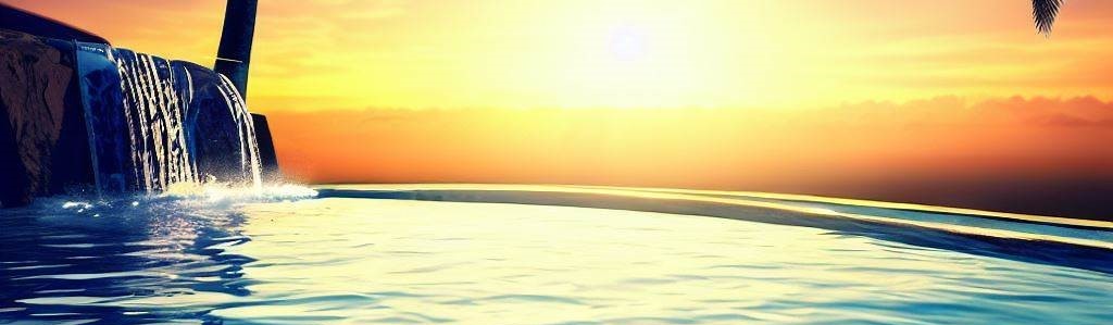 A picture of an evening sunset at an infinity pool with a waterfall