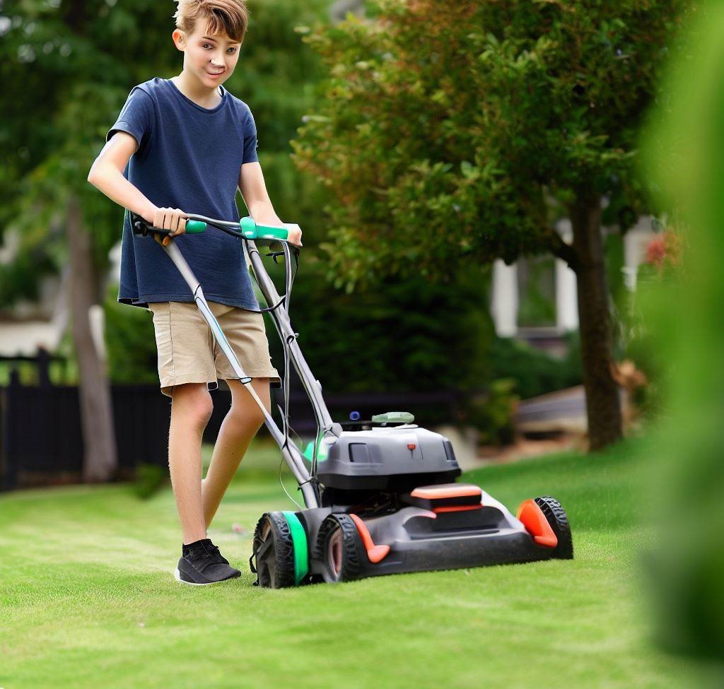 A boy mowing the lawn