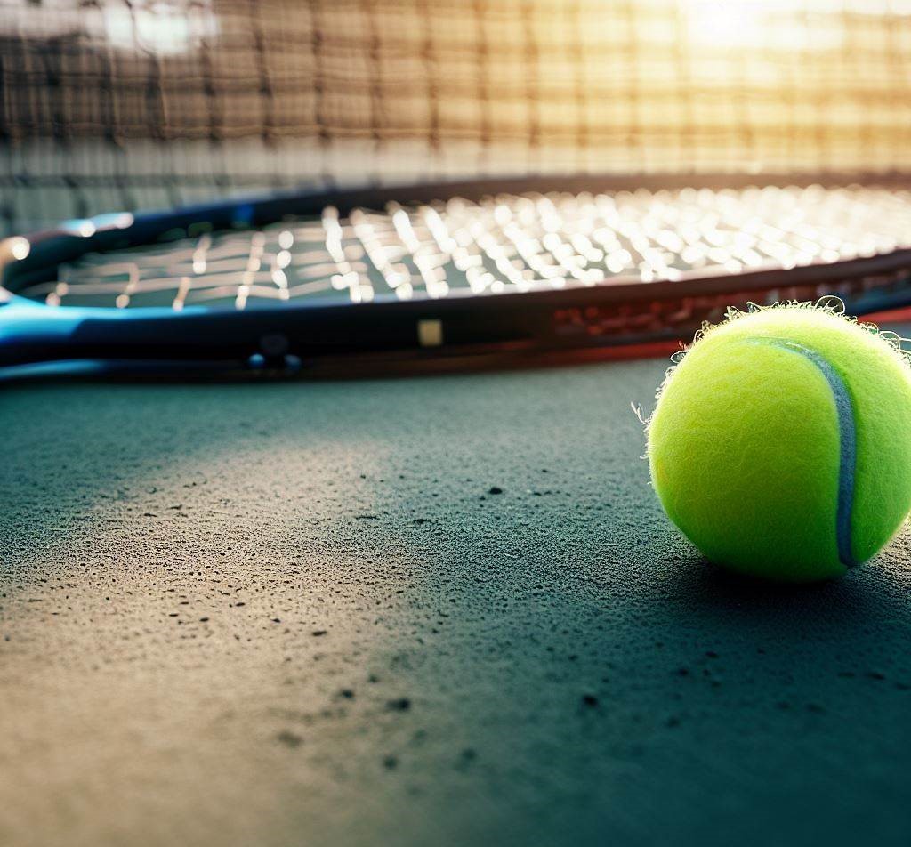 A picture of a tennis ball and tennis racquet