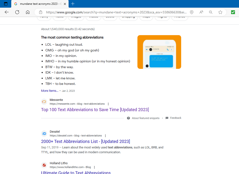 A picture of a Google search on texting acronyms