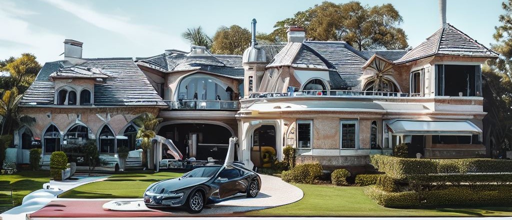 A picture of a mansion and sports car