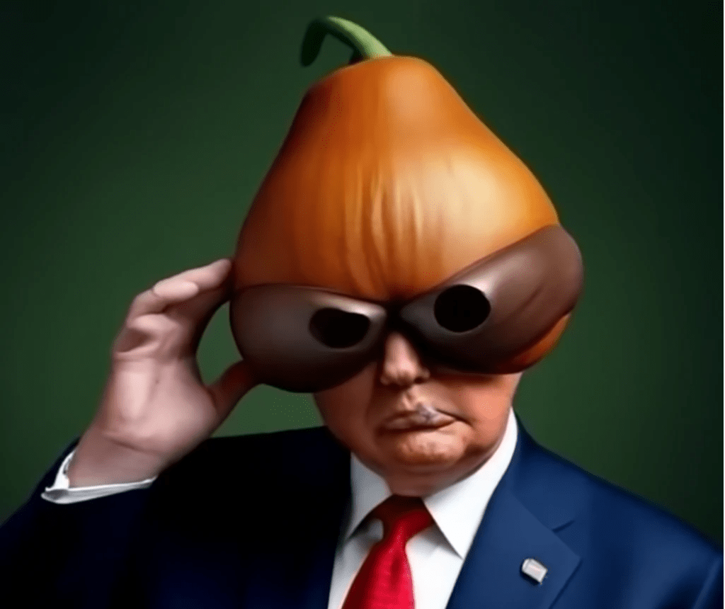 A picture of Donald Trump modeling a gourd hat