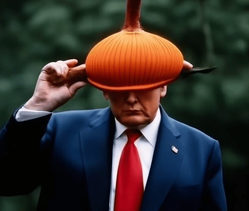 A picture of Donald Trump modeling a gourd hat