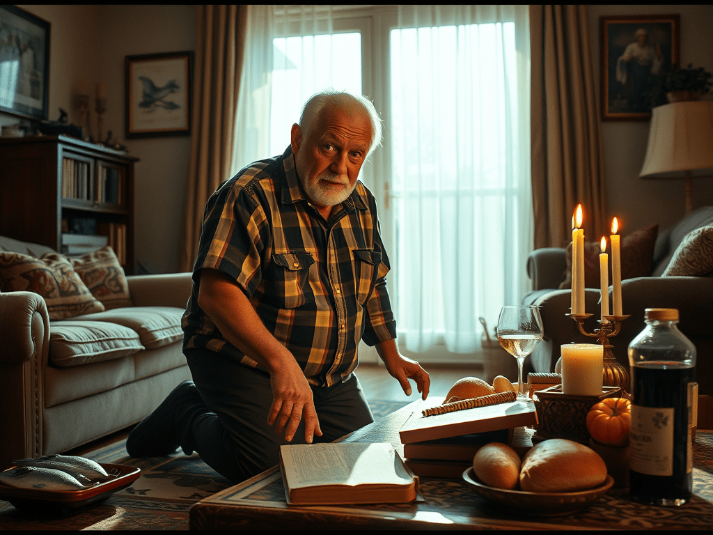 A picture of a homemade altar with foods from the Bible